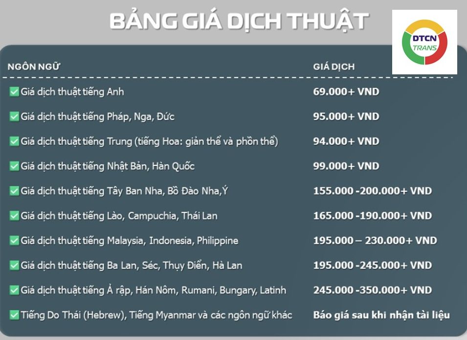 Bảng báo giá dịch thuật công chứng tại Quận Hà Đông - DTCN